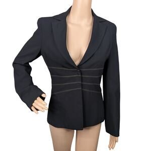 VTG BCBGMaxAzria Y2K Black Wool Blazer XS Office Siren Wasp Waist Snap Front